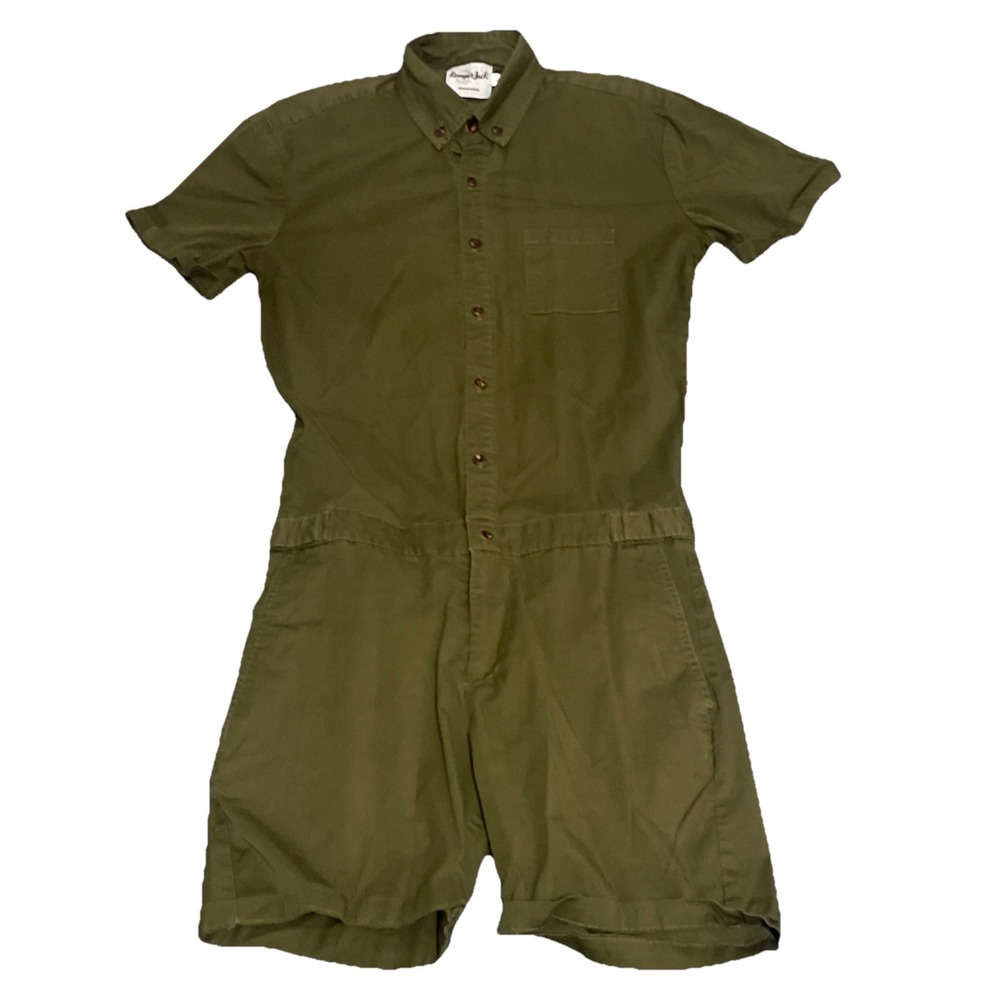 Romper Jack Romper Short Sleeve & Leg Button Down Pockets Collared Green Sz S